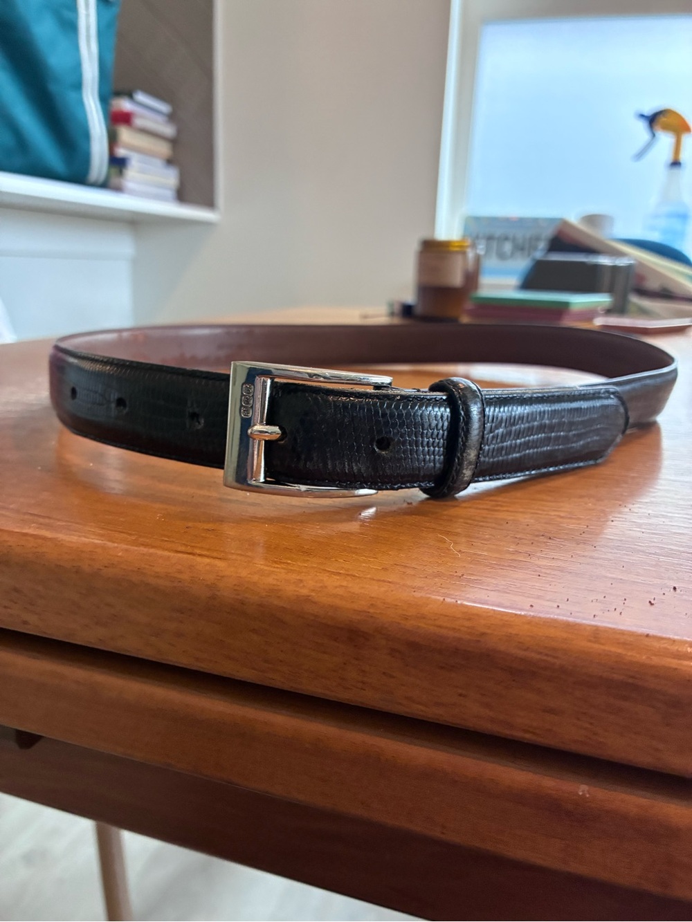 Ralph Lauren Black Lizard-Embossed Leather Belt with Silver Buckle